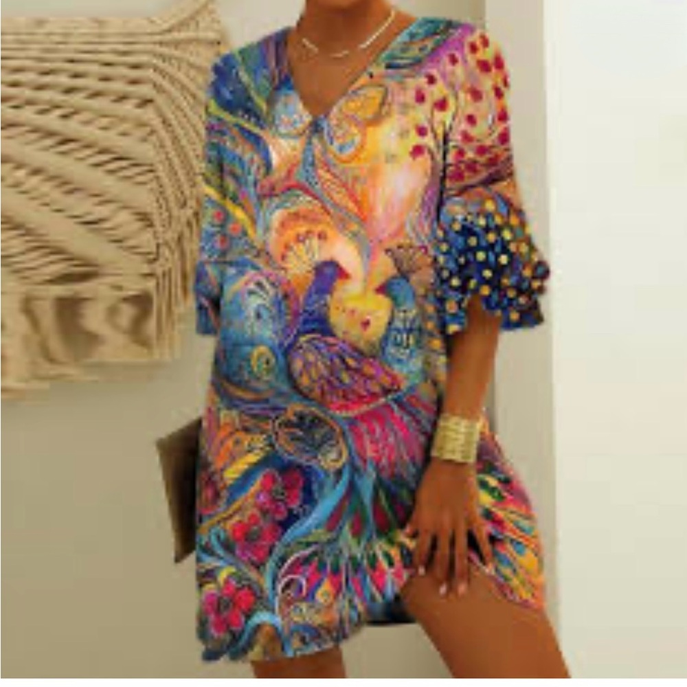 Colorful Peacock Print Mini Dress